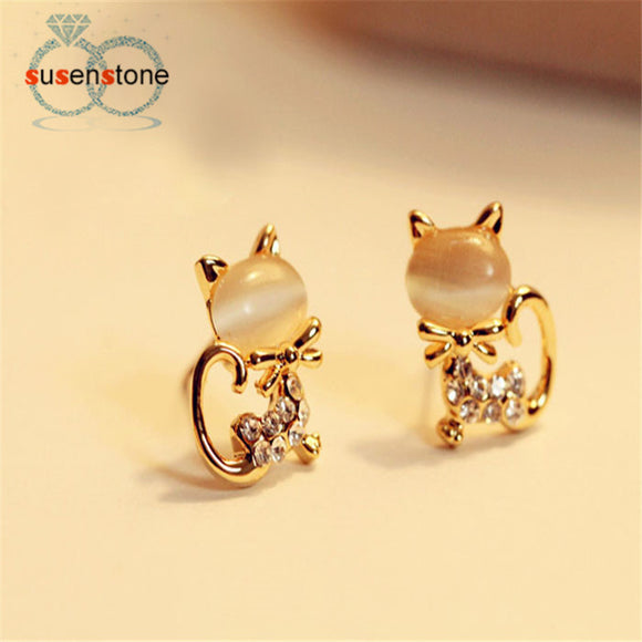 SUSENSTONE 2016 New Fashion Korean Fashion Cute Cat Stone Crystal Rhinestone Women Stud Earrings Stud Earrings Fashion Jewelry - catdoglovers.com