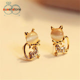 SUSENSTONE 2016 New Fashion Korean Fashion Cute Cat Stone Crystal Rhinestone Women Stud Earrings Stud Earrings Fashion Jewelry - catdoglovers.com