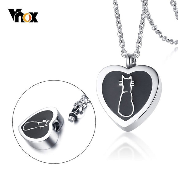 Vnox Cute Cat Openable Heart Pendant for Women Men Necklace Stainless Steel Urn Memorial Pet Cremation Ashes Keepsake Jewelry - catdoglovers.com