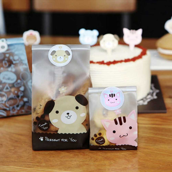 50 Pcs Cute Cat/dog Printing Mini Plastic Biscuit Bags with 60pcs Seal Sticker - catdoglovers.com