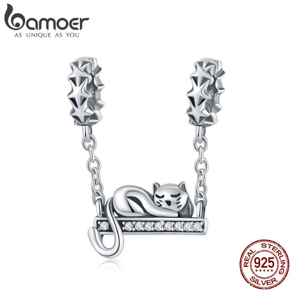 BAMOER 925 Sterling Silver Adorable Cat Star Charms Star Pave Charm Fit Bracelet & Necklaces Jewelry Christmas DEAL SCC856 - catdoglovers.com