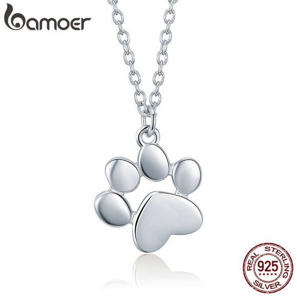 BAMOER Genuine 925 Sterling Silver Cute Animal Footprints Dog Cat Footprints Paw Necklaces Pendants Women Silver Jewelry SCN275 - catdoglovers.com